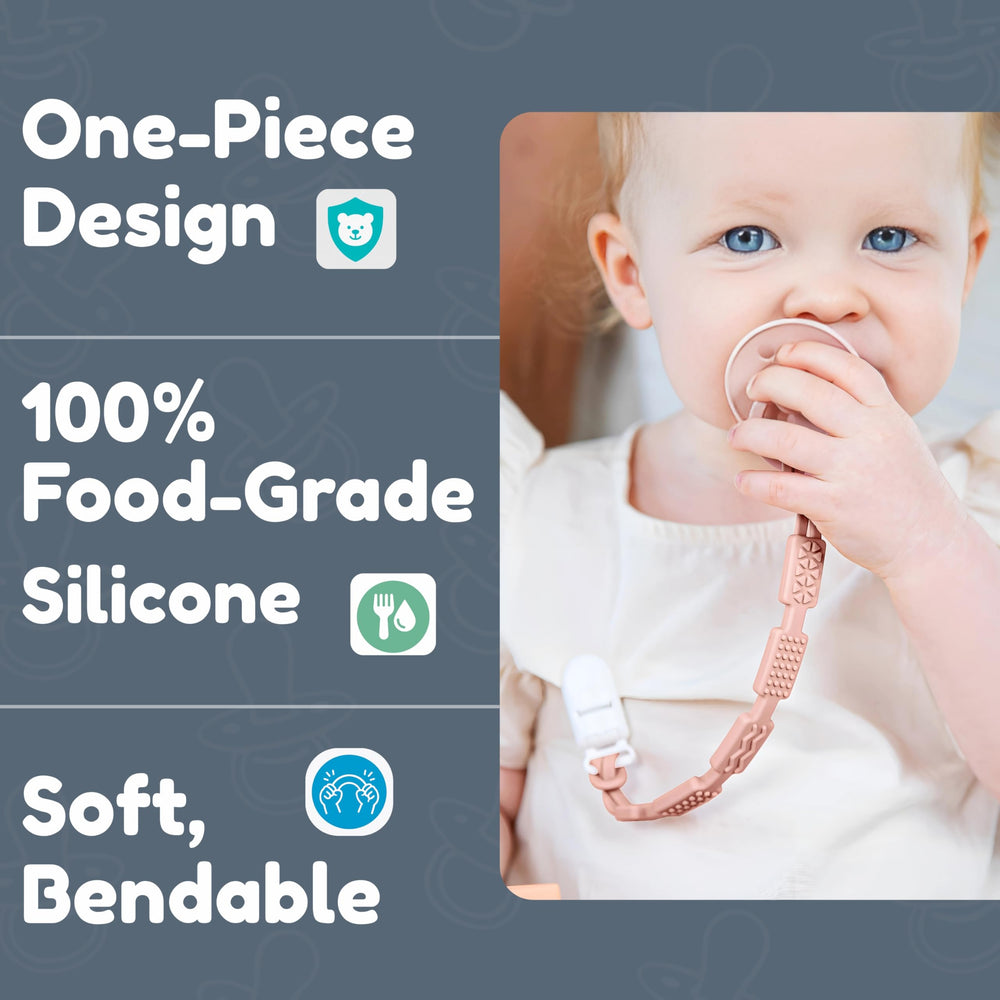 Baby's Aid BPA-free silicone teether clip for safe teething texture play.