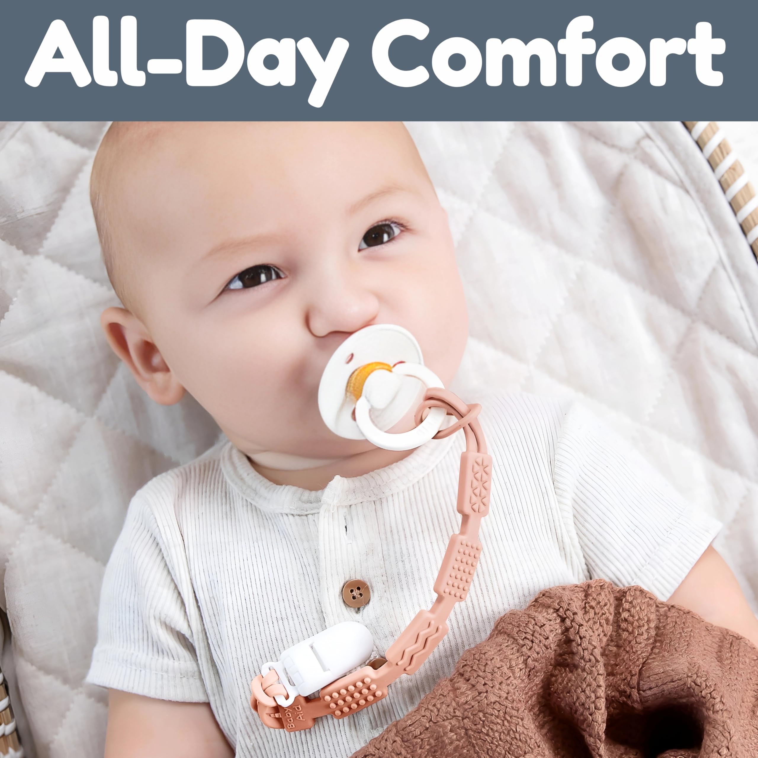 Baby's Aid one-piece patented design keeps pacifiers secure and easy to grab.