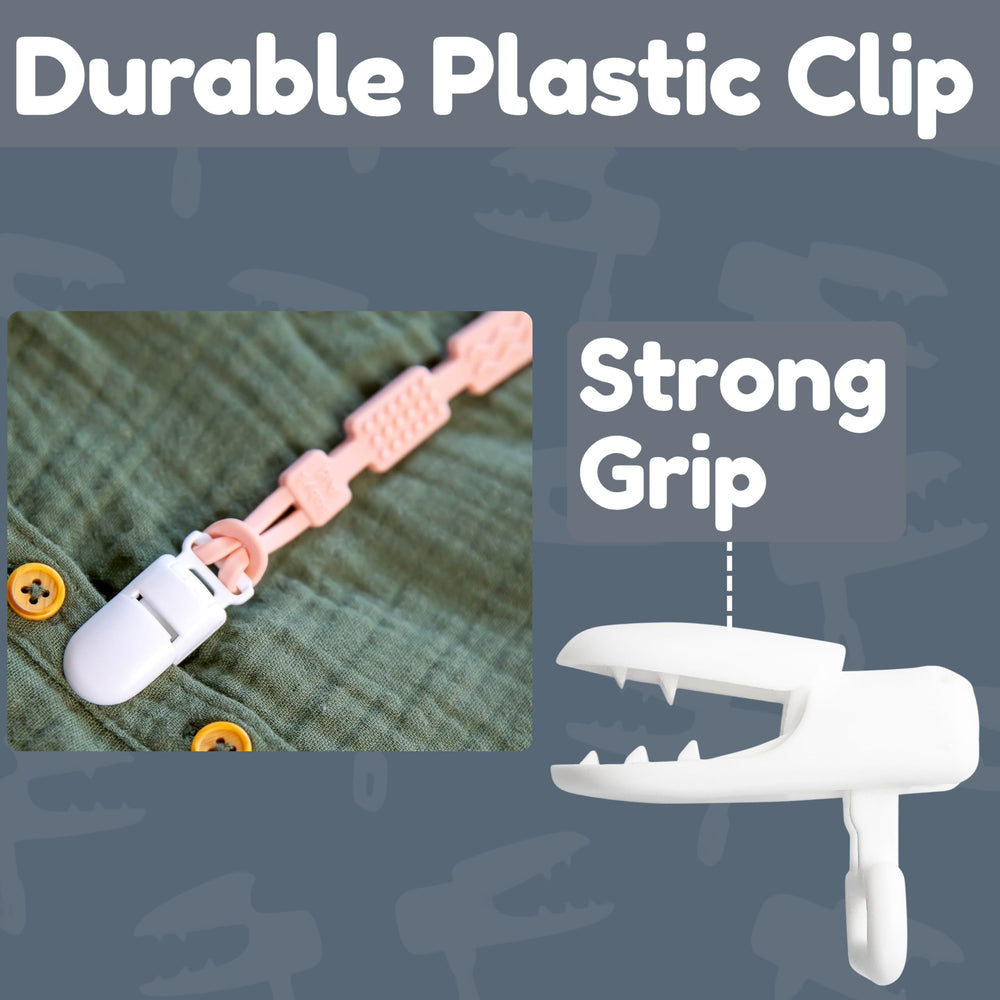 Baby's Aid secure plastic clip prevents drops during walks and outings.