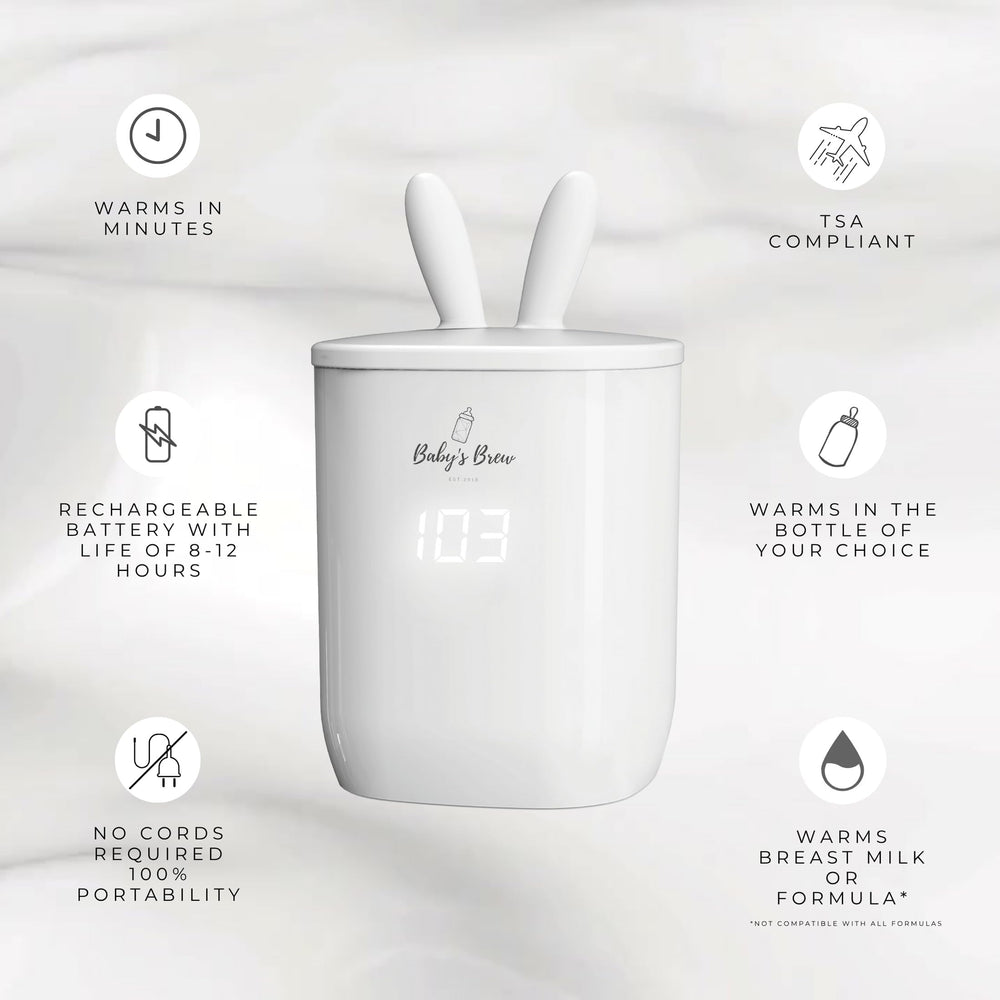 Baby's Brew Portable Bottle Warmer Pro compact travel size fits bags and cup holders.