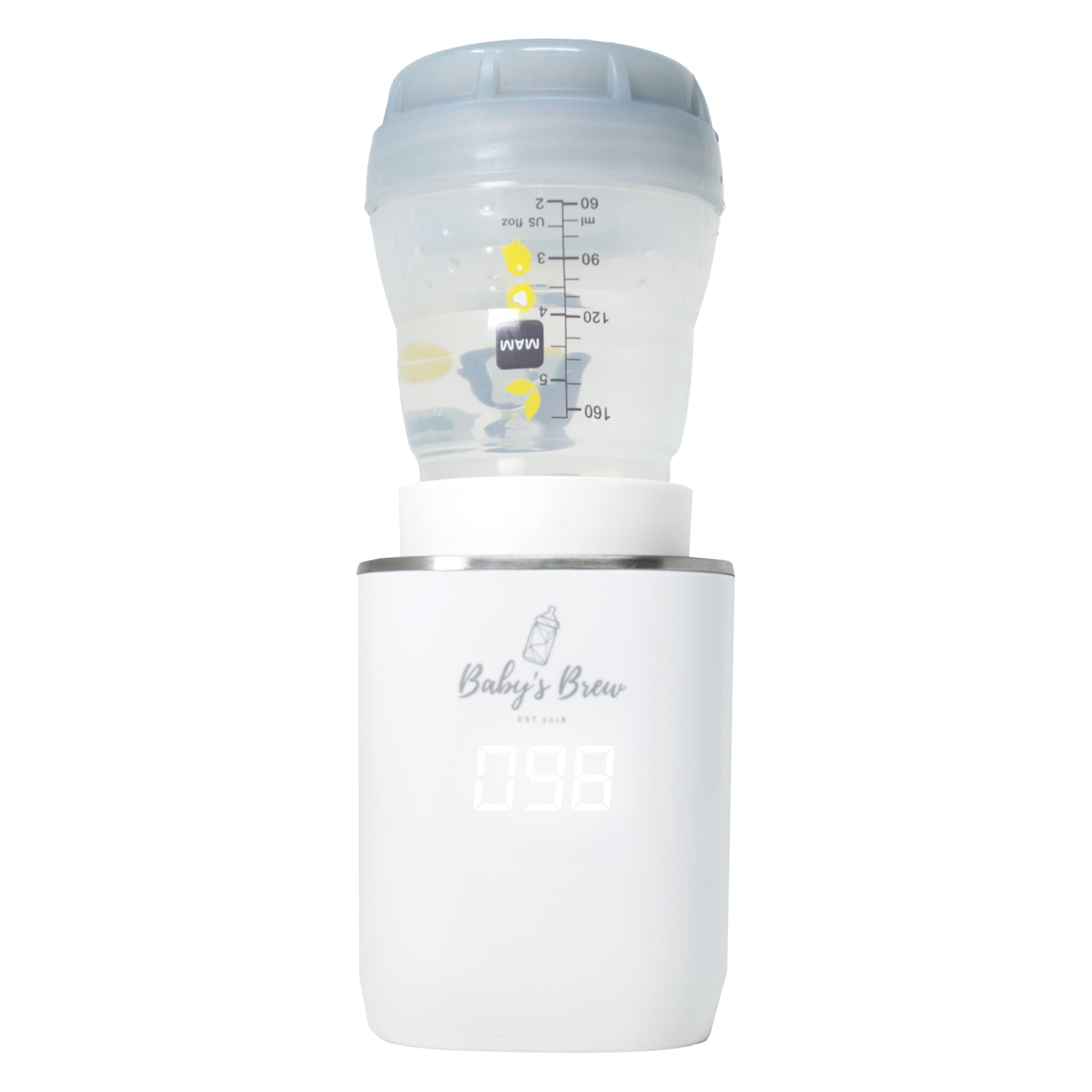 Baby's Brew Portable Bottle Warmer Pro fits most bottles with adapters included.