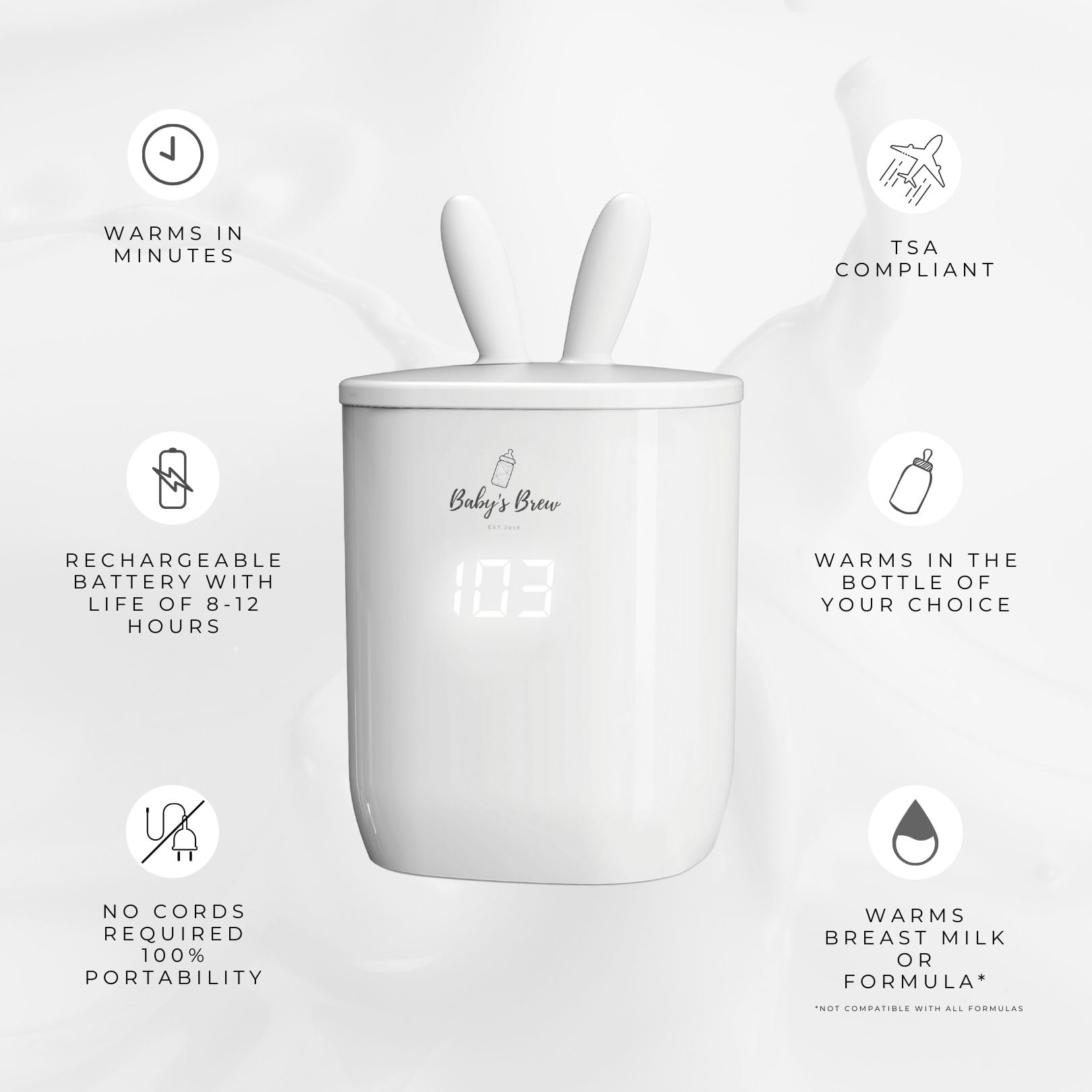 Baby’s Brew warmer ergonomic design supports stable bottle placement.