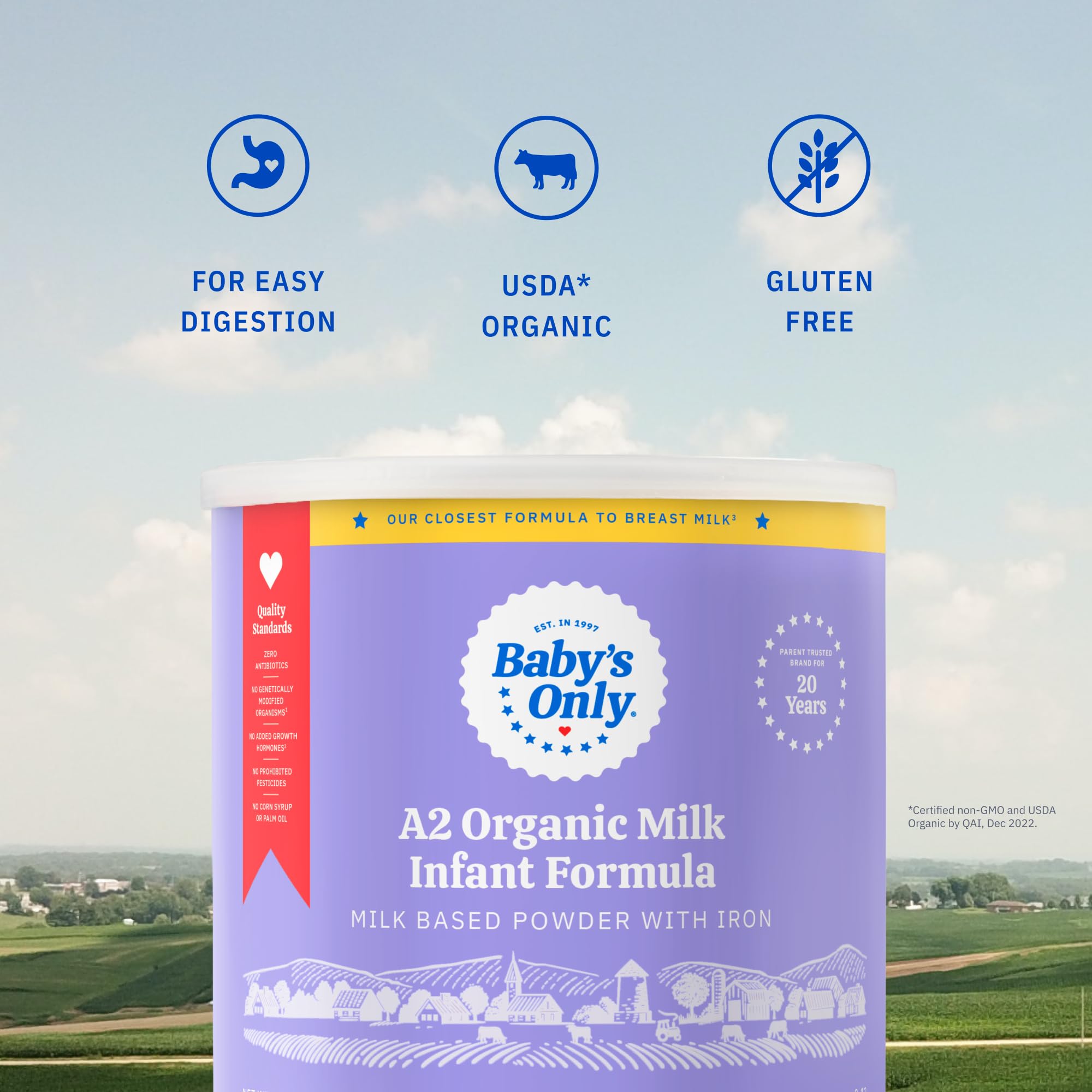 Baby's Only A2 Organic Milk Infant Formula 21 oz nutrition panel on packaging.