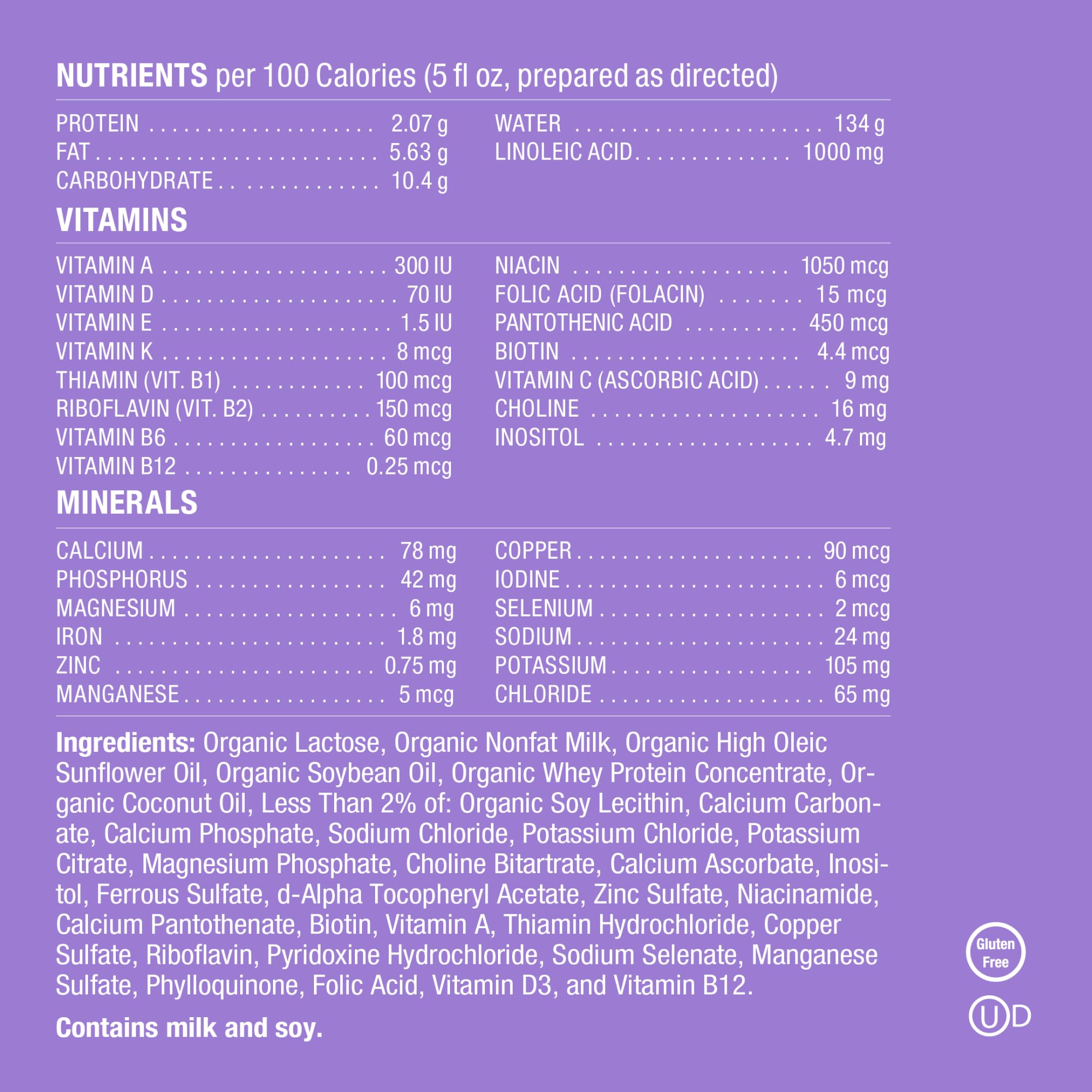 Baby's Only A2 Organic Milk Infant Formula packaging with clear nutrition panel.