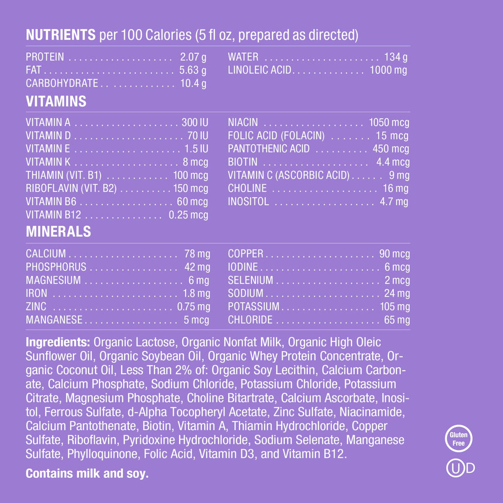 Baby's Only A2 Organic Milk Infant Formula packaging with clear nutrition panel.
