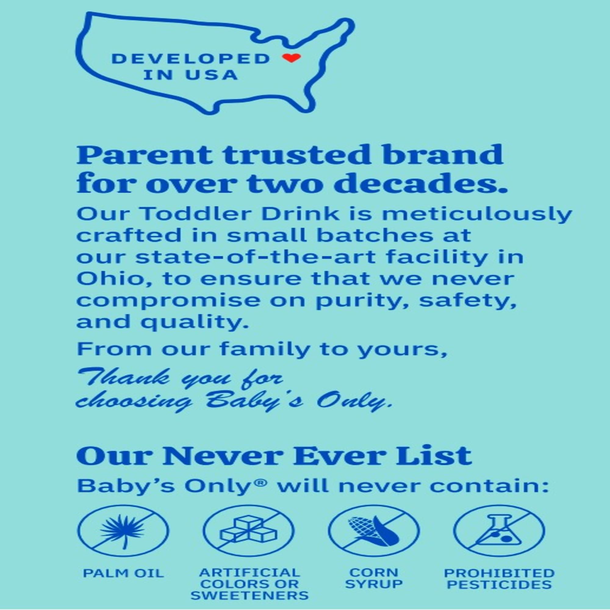 Baby's Only Organic dairy toddler drink Kosher certification label visible for trusted choice.