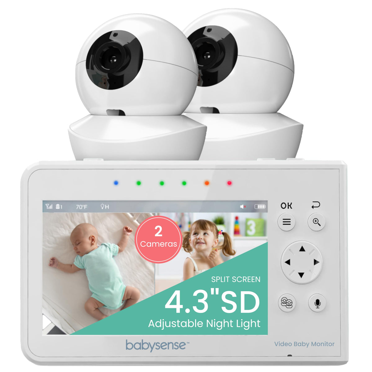 Babysense dual-camera monitor with split-screen viewing for two nursery angles.