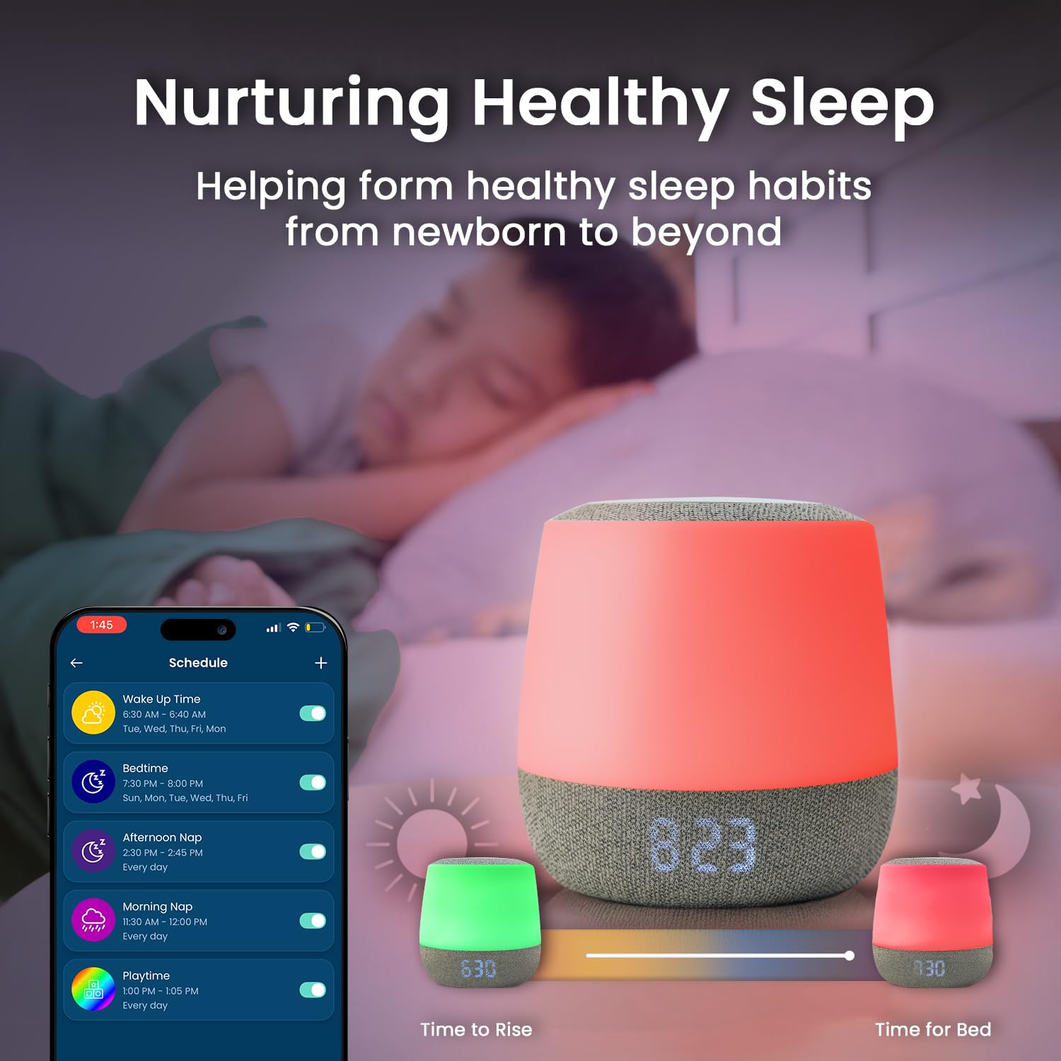 Babysense Dreamer 2.0 app control view enabling easy schedule and timer setup.