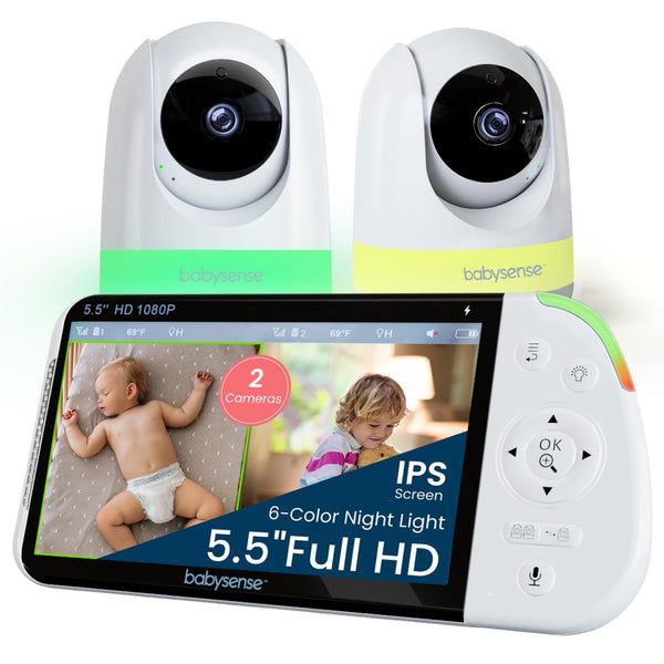Babysense Full HD 5.5-inch split-screen display showing two live views for dual-room monitoring.
