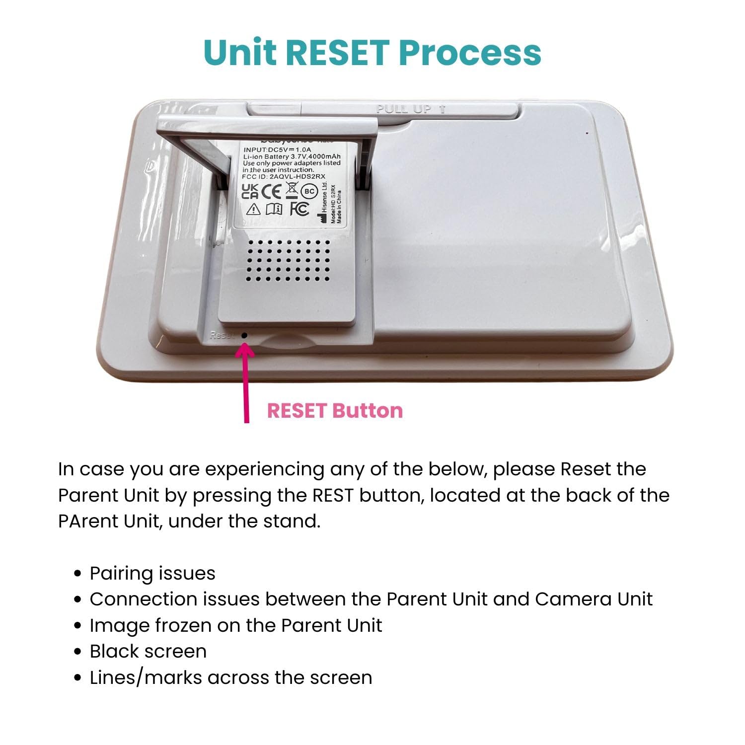 Babysense HDS2 replacement unit in use beside monitor shows clear video connection.