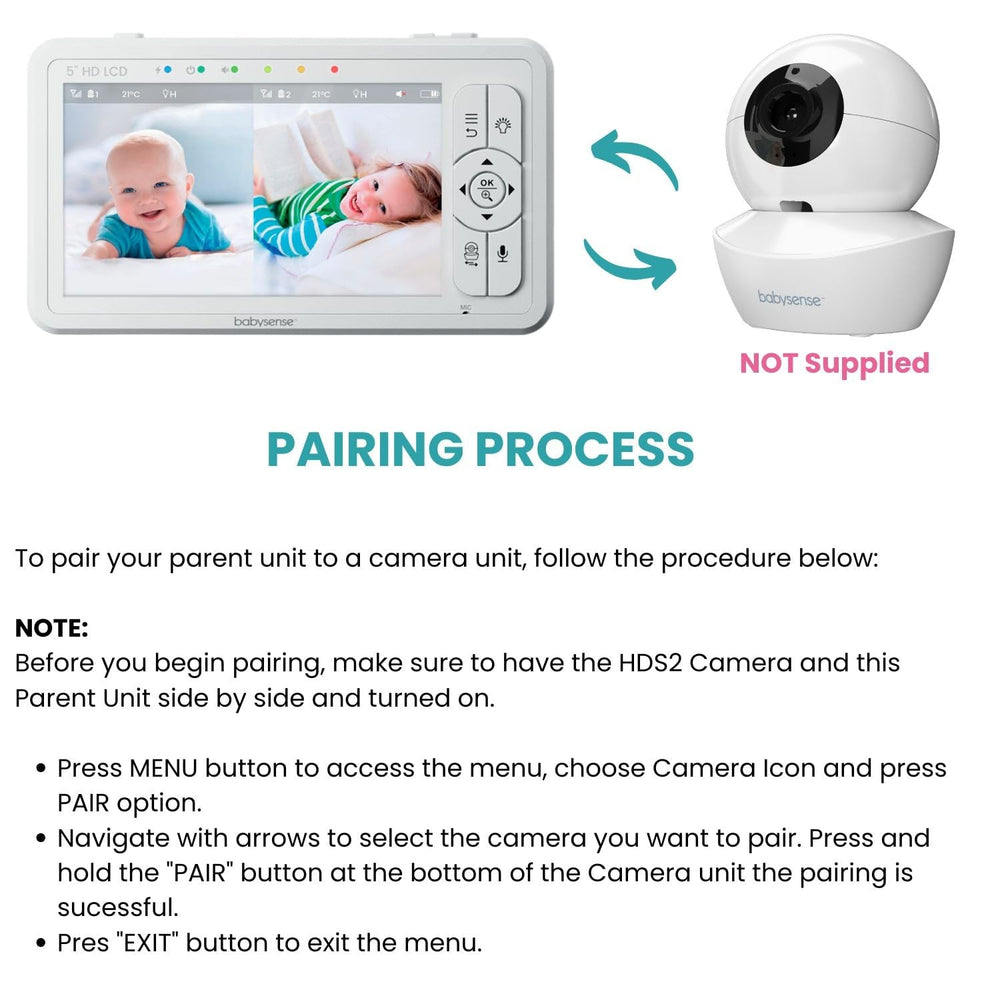Close-up of pairing button on Babysense HDS2 unit enables simple camera pairing.