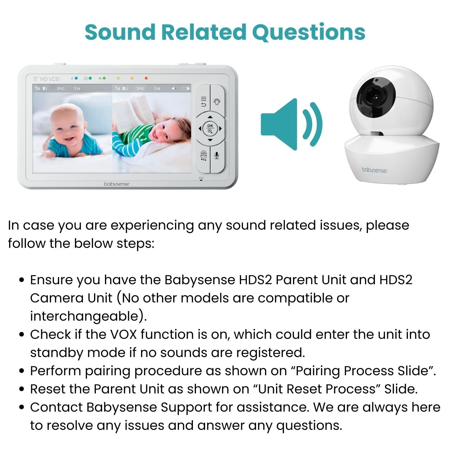 Babysense HDS2 replacement unit shown with camera for single-device setup reliability.