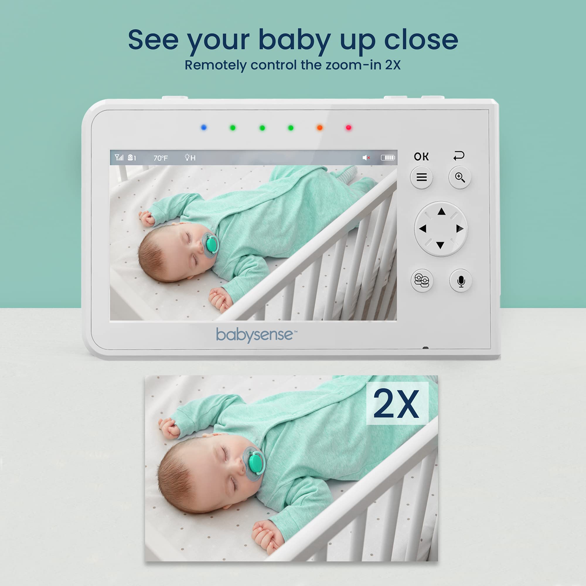 Babysense remote pan-tilt-zoom provides precise camera control.