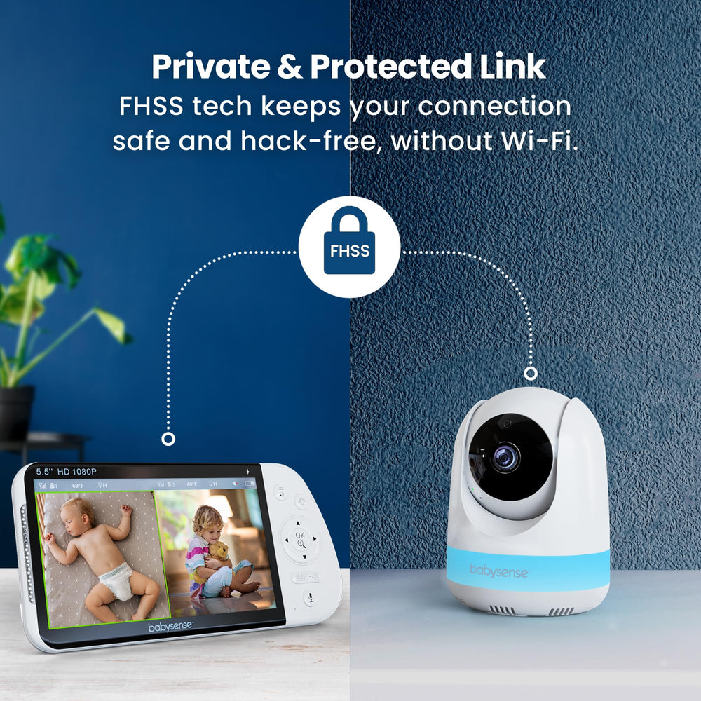 Babysense secure room-to-room monitoring with split-screen view.