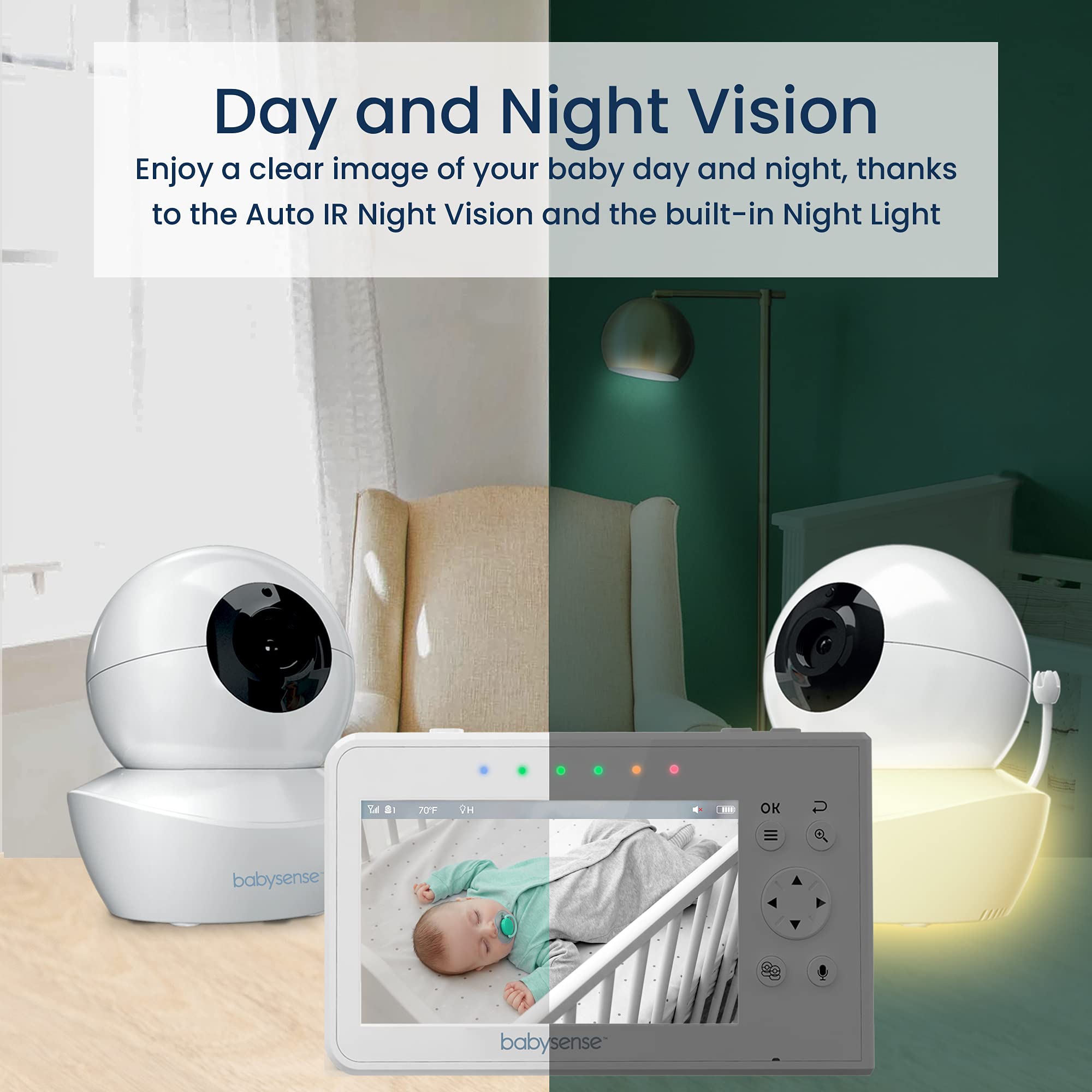 Babysense two-way talk with lullabies and white noise to soothe baby.