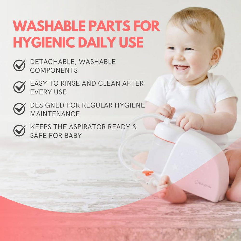 BabySmile nasal aspirator operates with low noise for calmer use