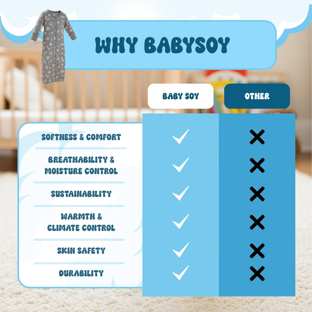 Babysoy gown-sleep sack enables easy diaper changes for busy nights.