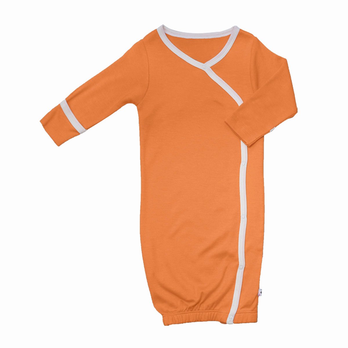 Babysoy organic newborn kimono wrap sleeper in tangerine with soft-touch fabric.