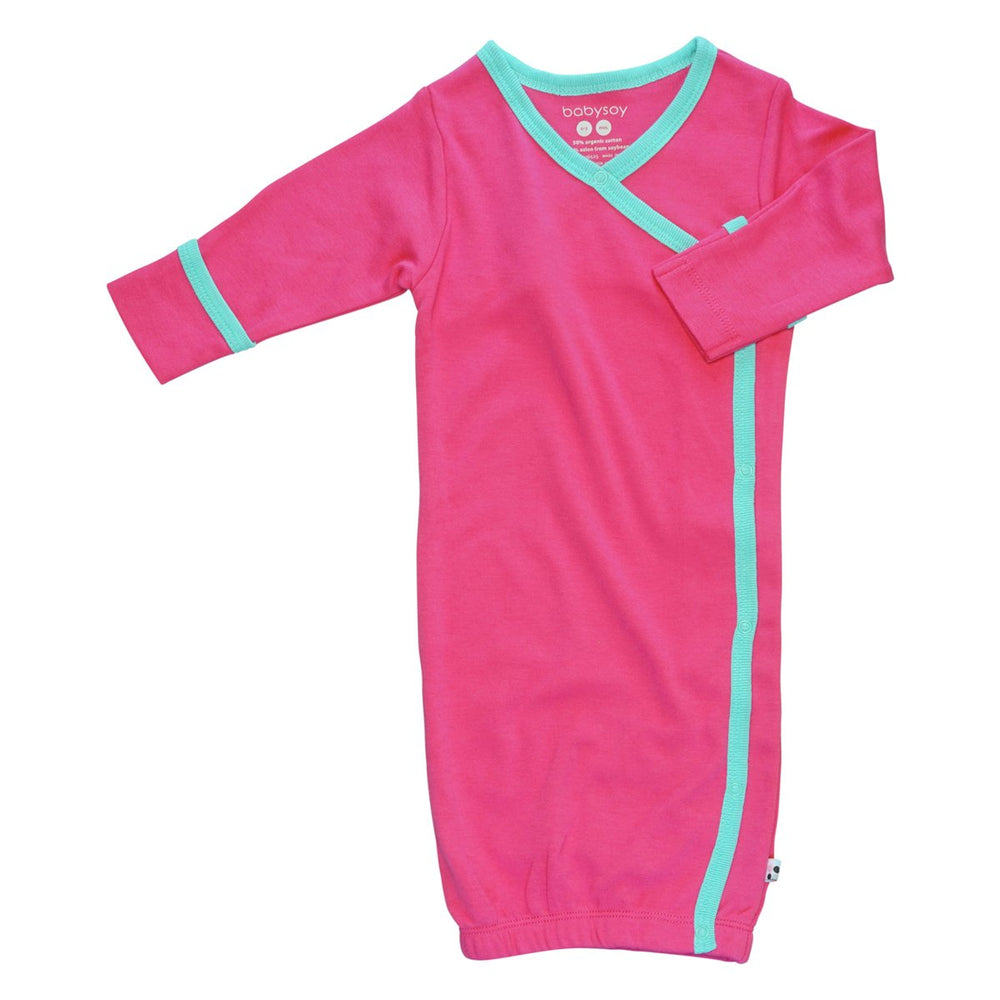 Babysoy Organic Newborn Kimono Gown Berry front view, breathable fabric for delicate skin