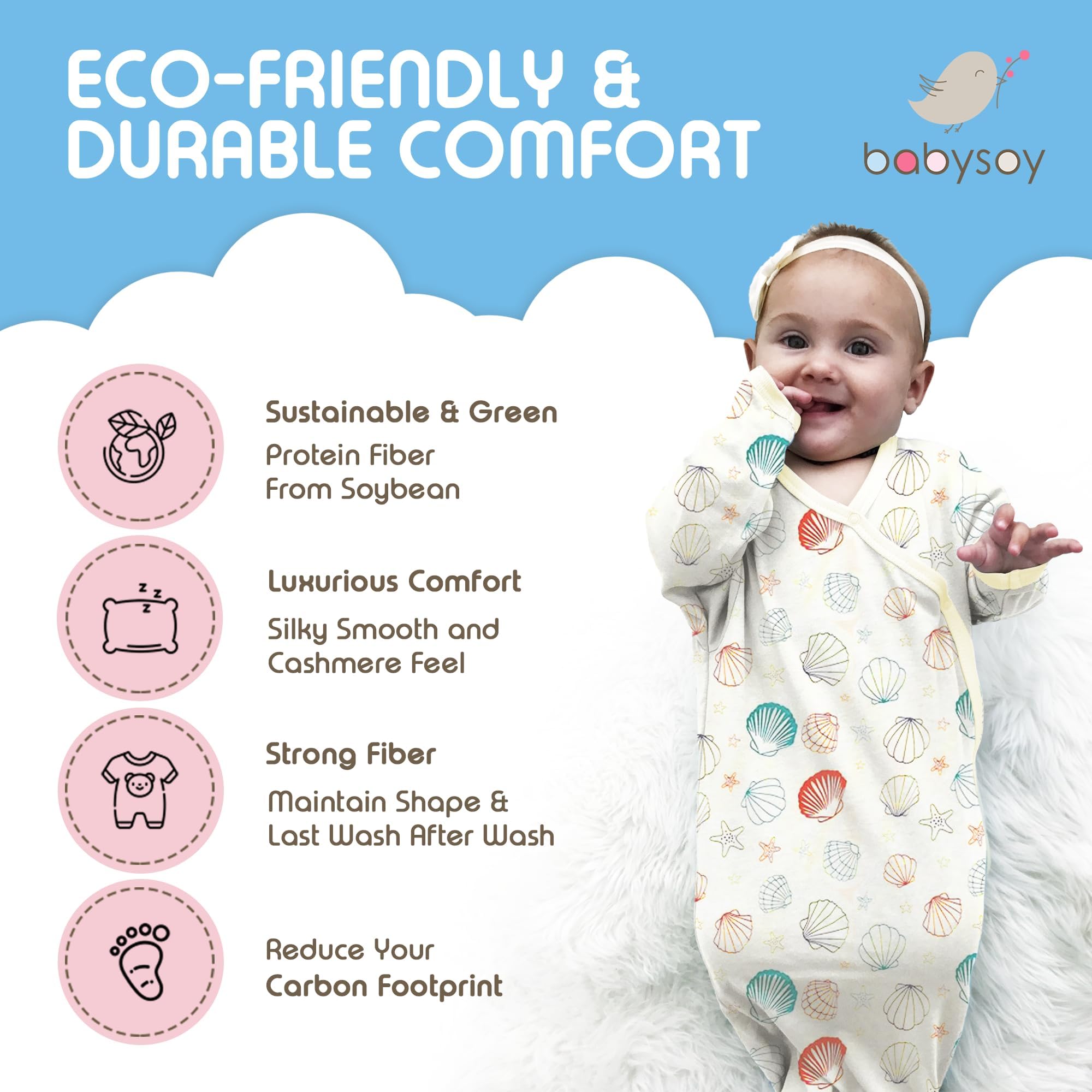 Babysoy Summer Kimono Gown features fold-over cuffs to protect tiny hands.