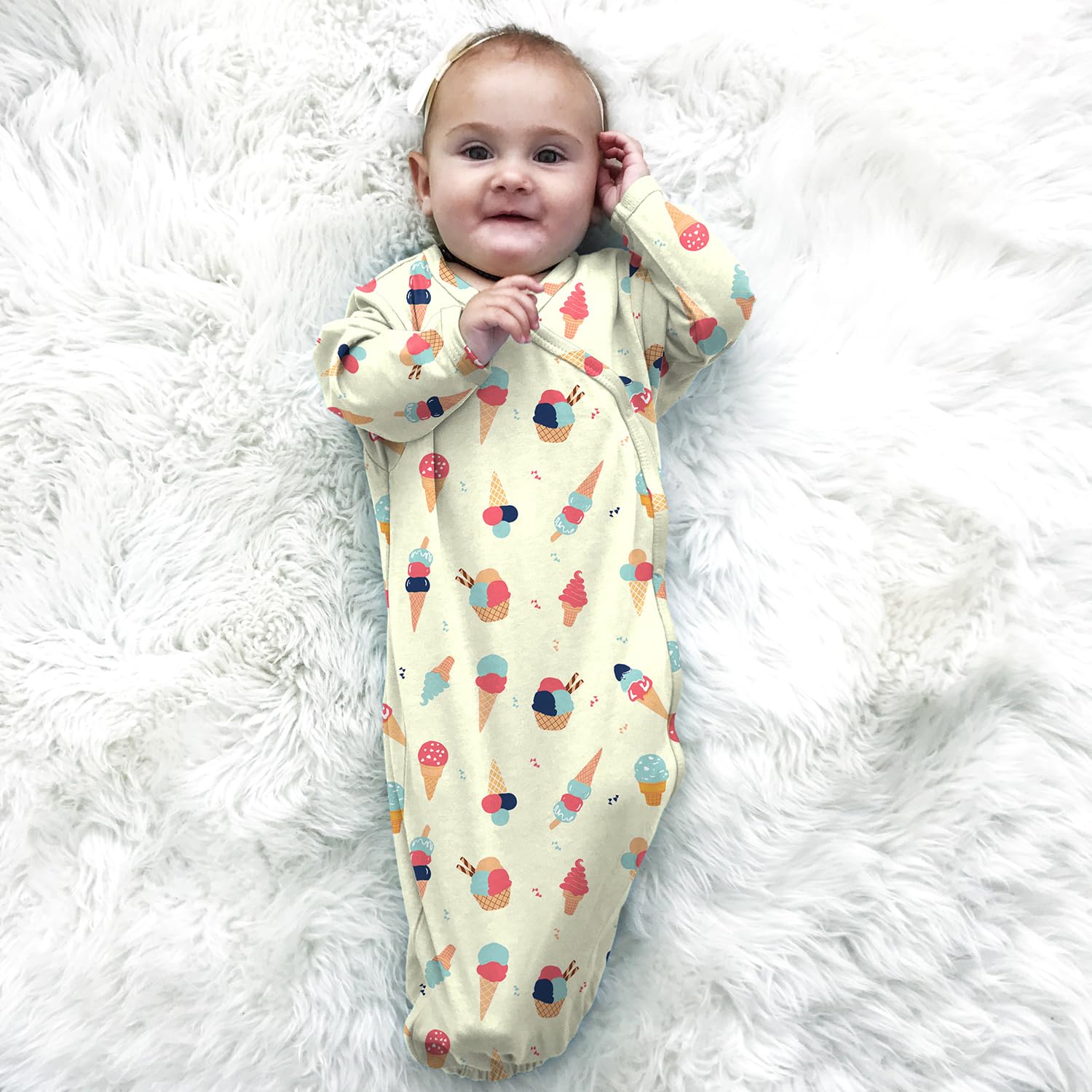 Babysoy Summer Kimono Gown side snap demonstrates easy dressing and quick diaper changes.