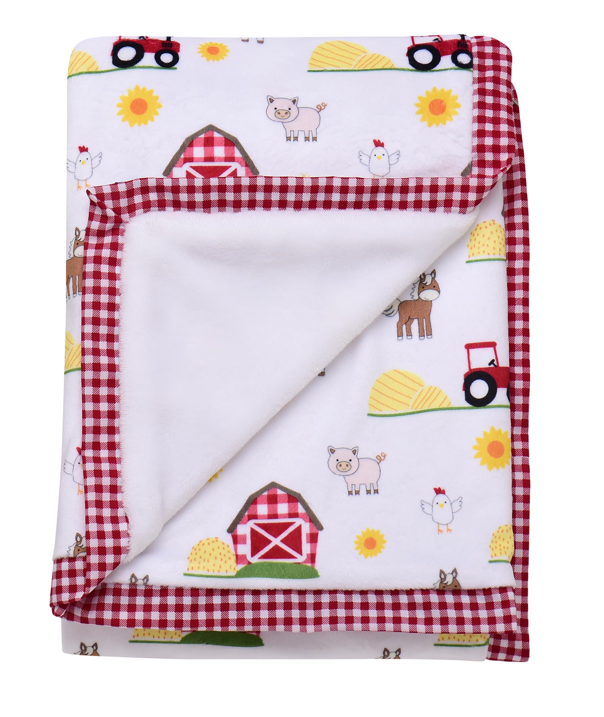 Baby Starters 2-ply silky blanket with front farm-animal-print for cozy snuggles.