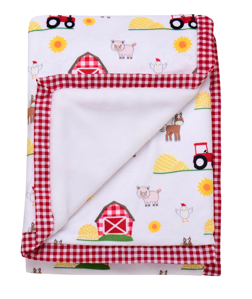 Baby Starters 2-ply silky blanket with front farm-animal-print for cozy snuggles.