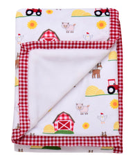 Baby Starters 2-ply silky blanket with front farm-animal-print for cozy snuggles.