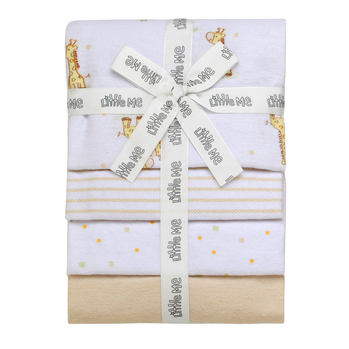 Baby Starters 4-pack flannel blankets with giraffe tan prints for gentle warmth and newborn comfort.