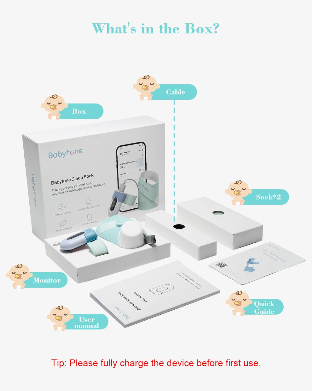 Babytone 5V1A charging setup for reliable power without fast chargers.
