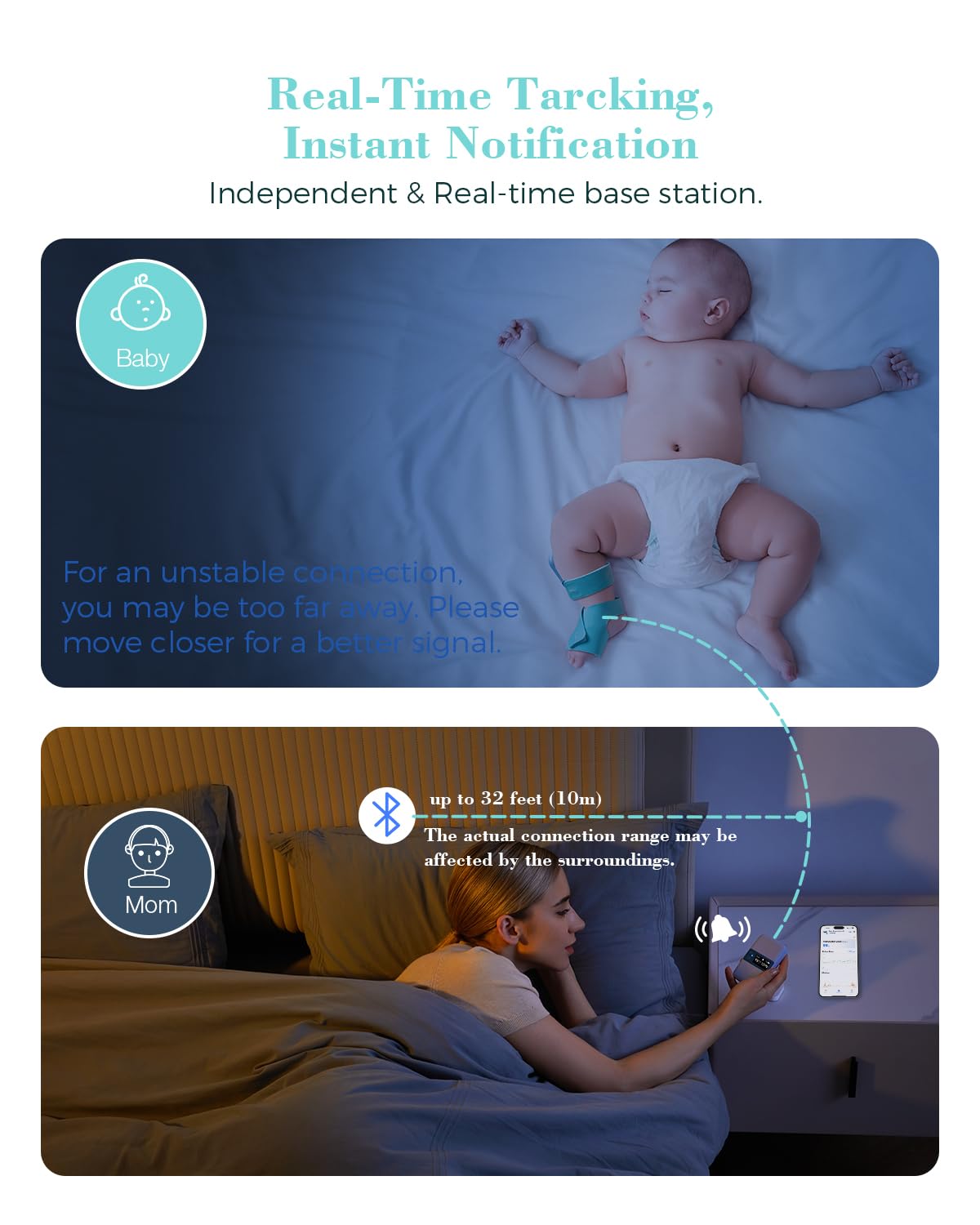 Bluetooth connection between Babytone device and app for syncing data.