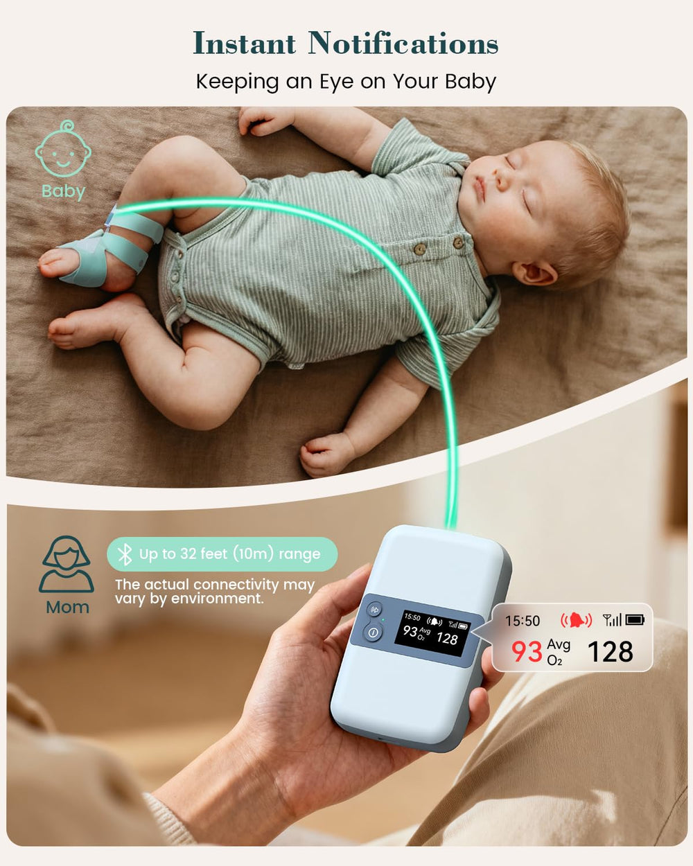 Babytone heart-rate and movement alerts inform caregivers during naps and night.