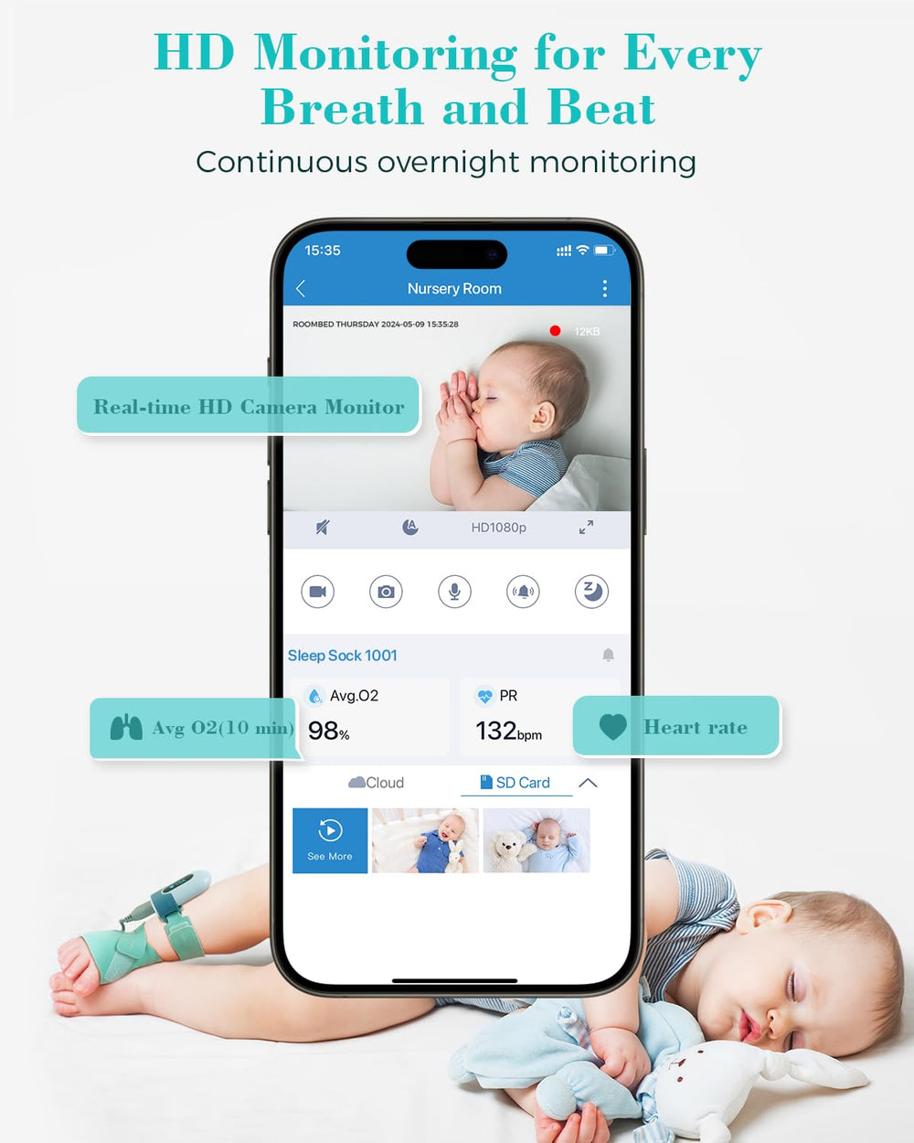 Babytone monitor shows heart rate tracking for overnight monitoring.