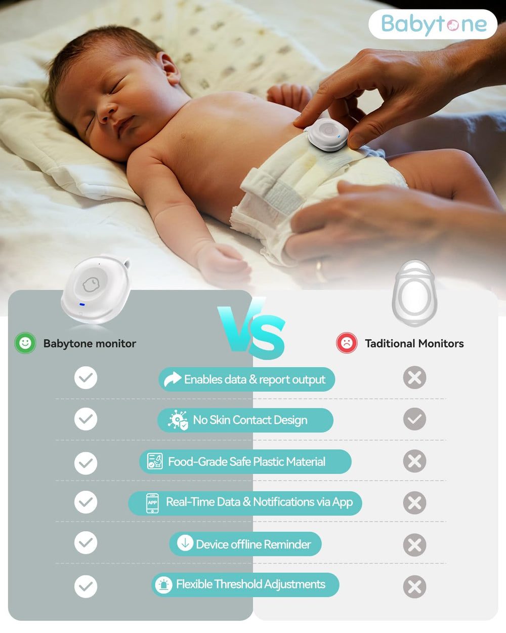Babytone Smart Baby Monitor clip-on attachment stays securely on the diaper.