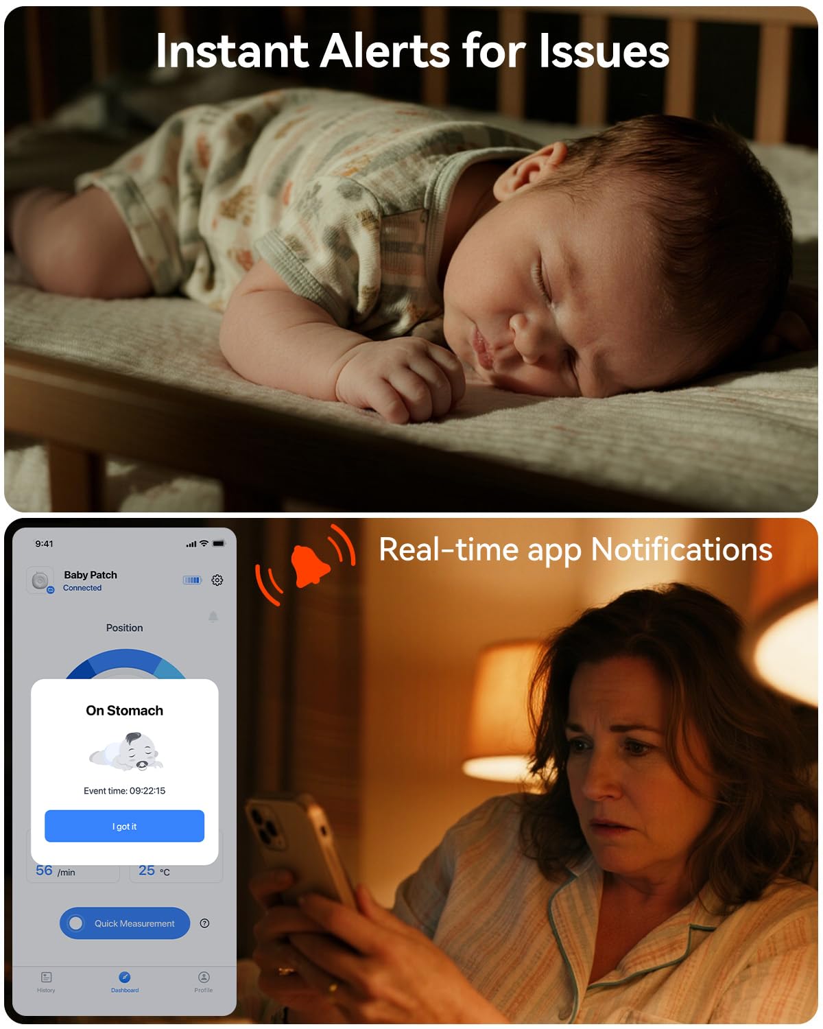 Babytone Smart Baby Monitor temperature tracker shows baby's skin temperature trends for safe sleep.
