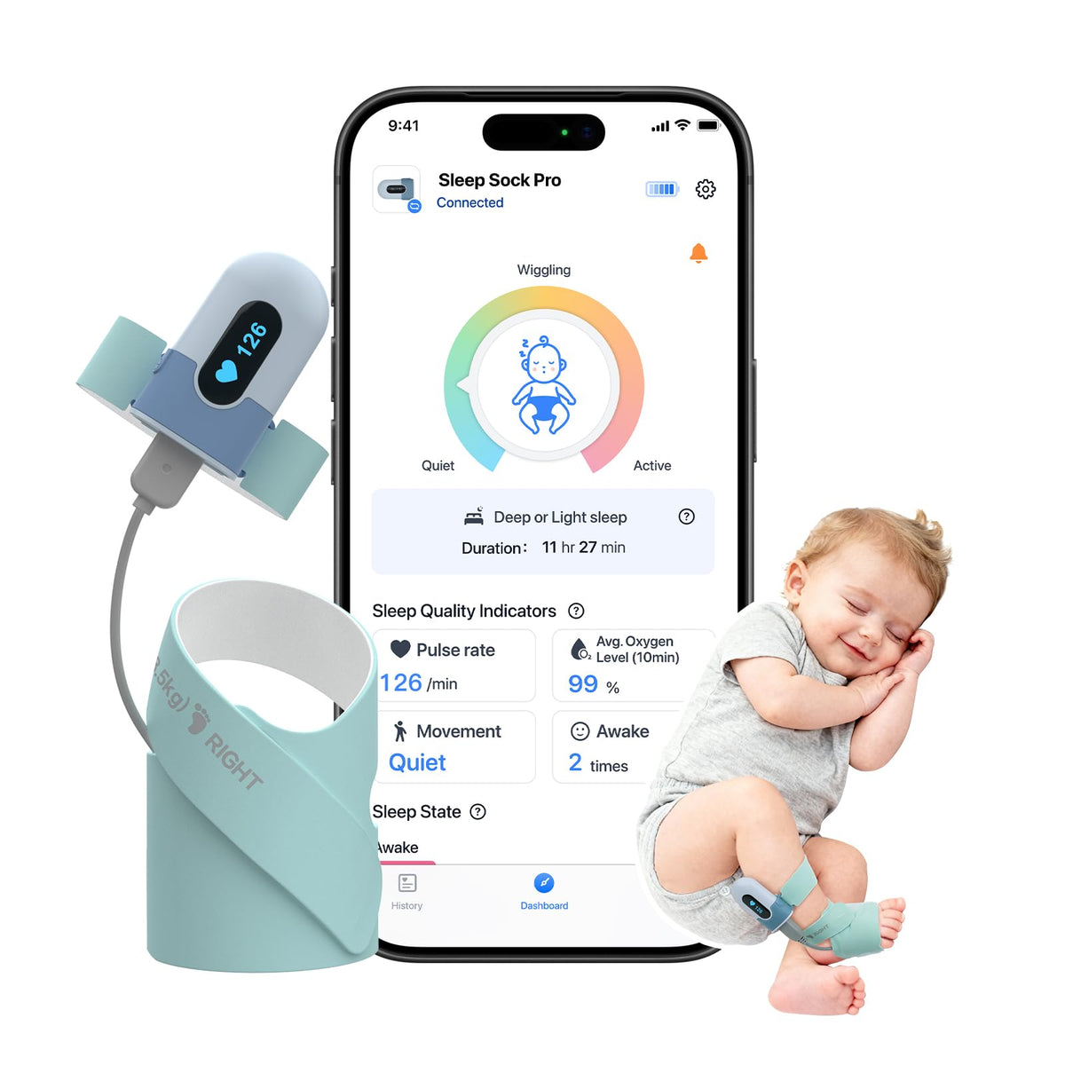 Babytone sock monitor shows real-time heart rate for your baby.