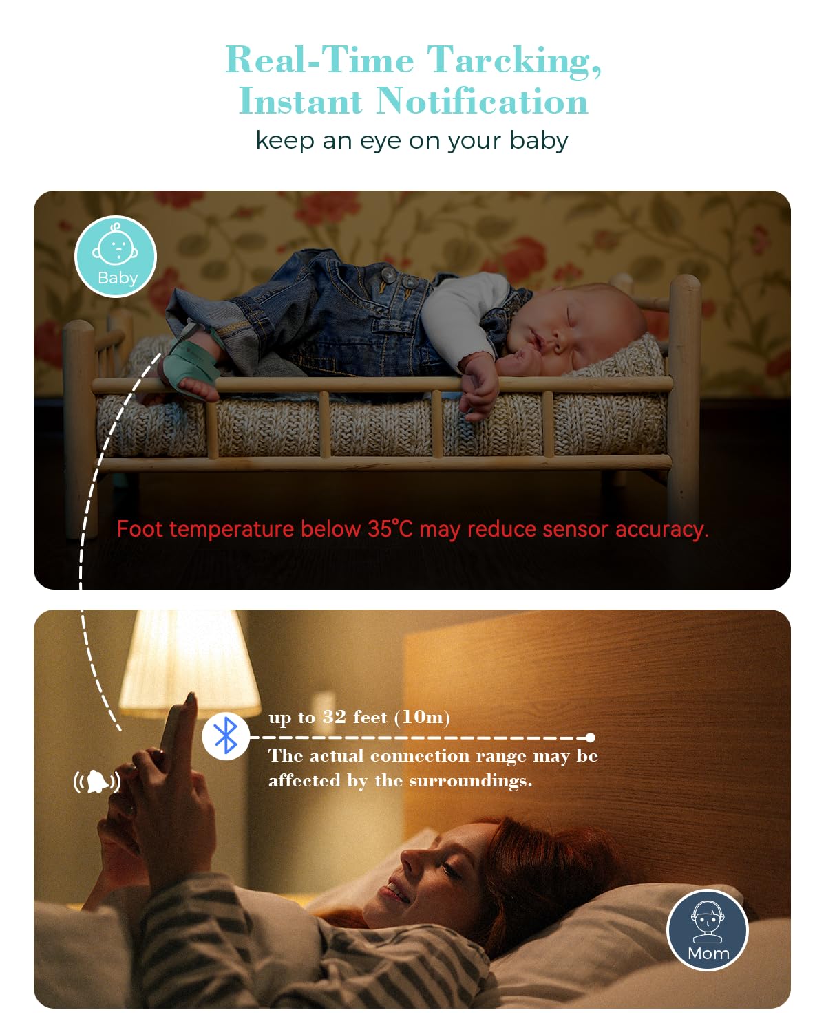 Babytone ViHealth app dashboard displaying sleep and movement data.