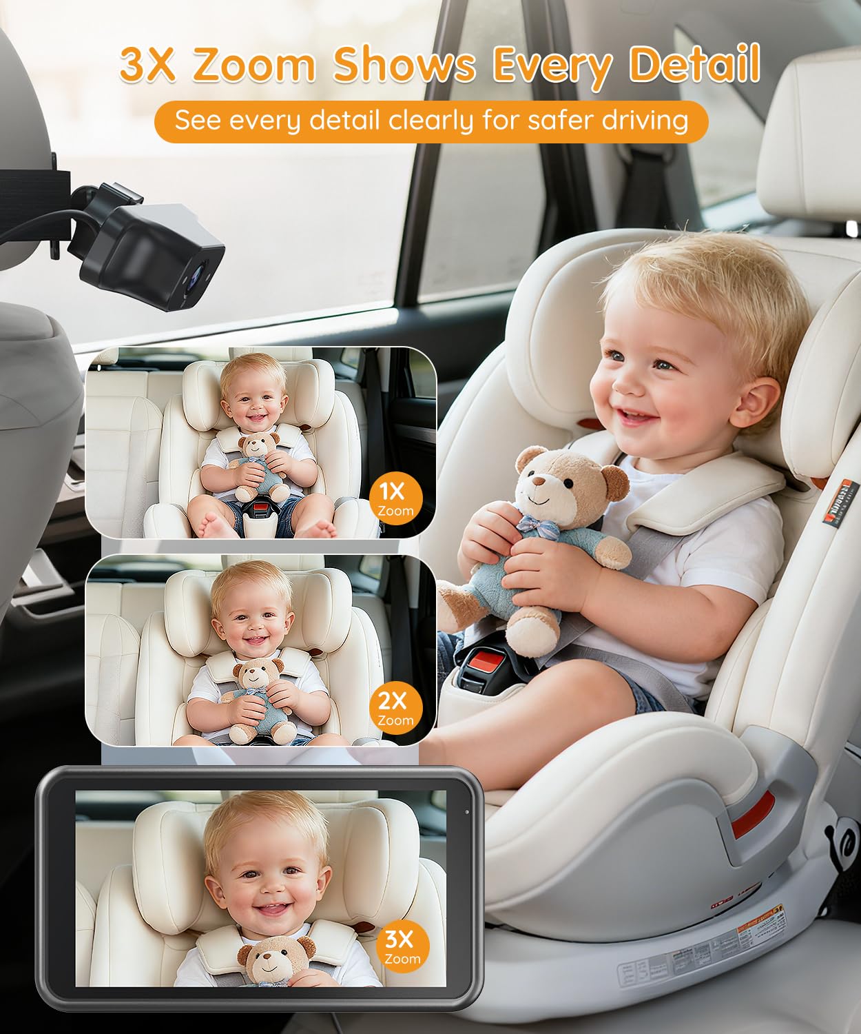 Auto IR night vision keeps the back seat visible in dim light.