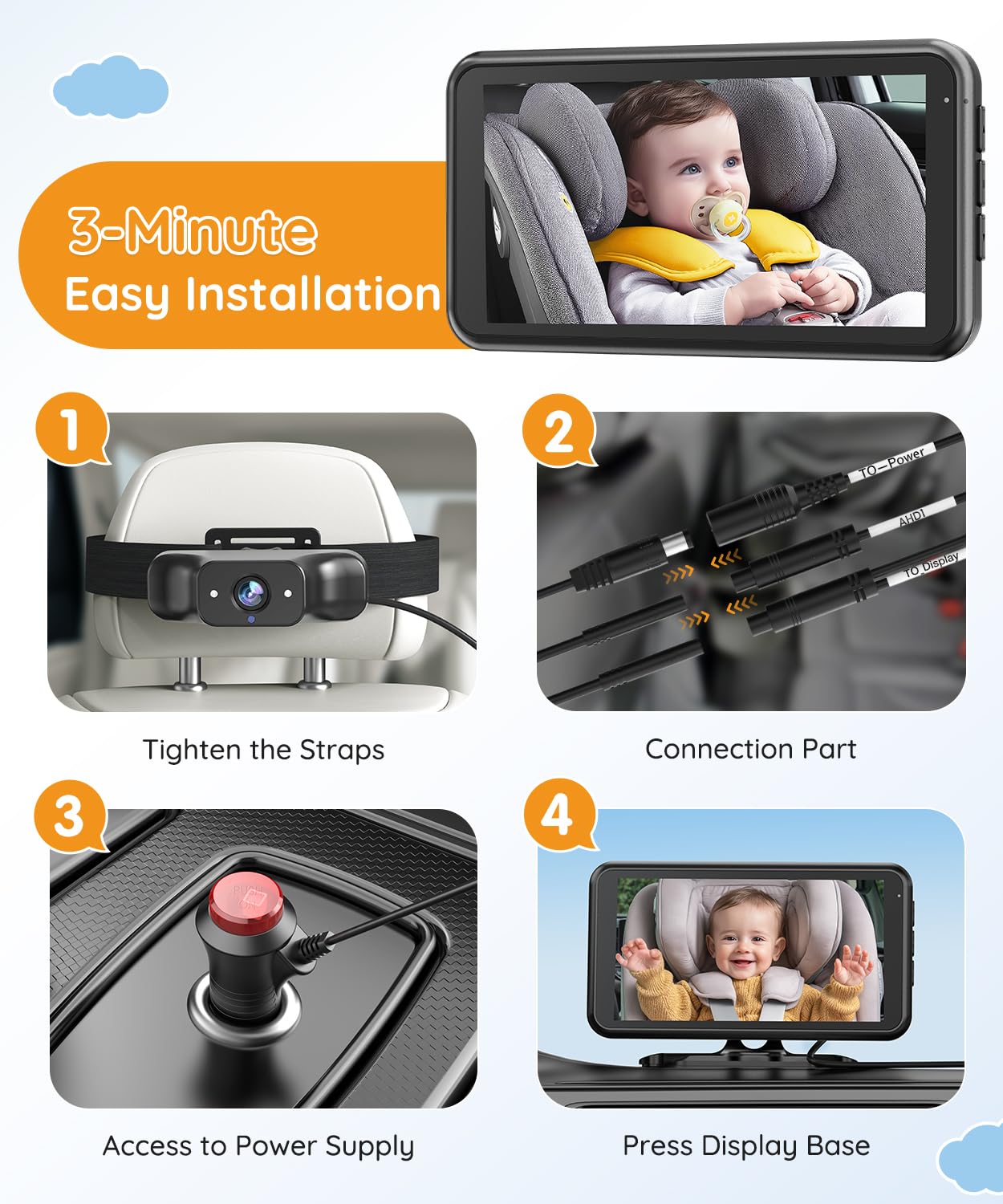 Backseat monitor display keeps the child in view during trips.