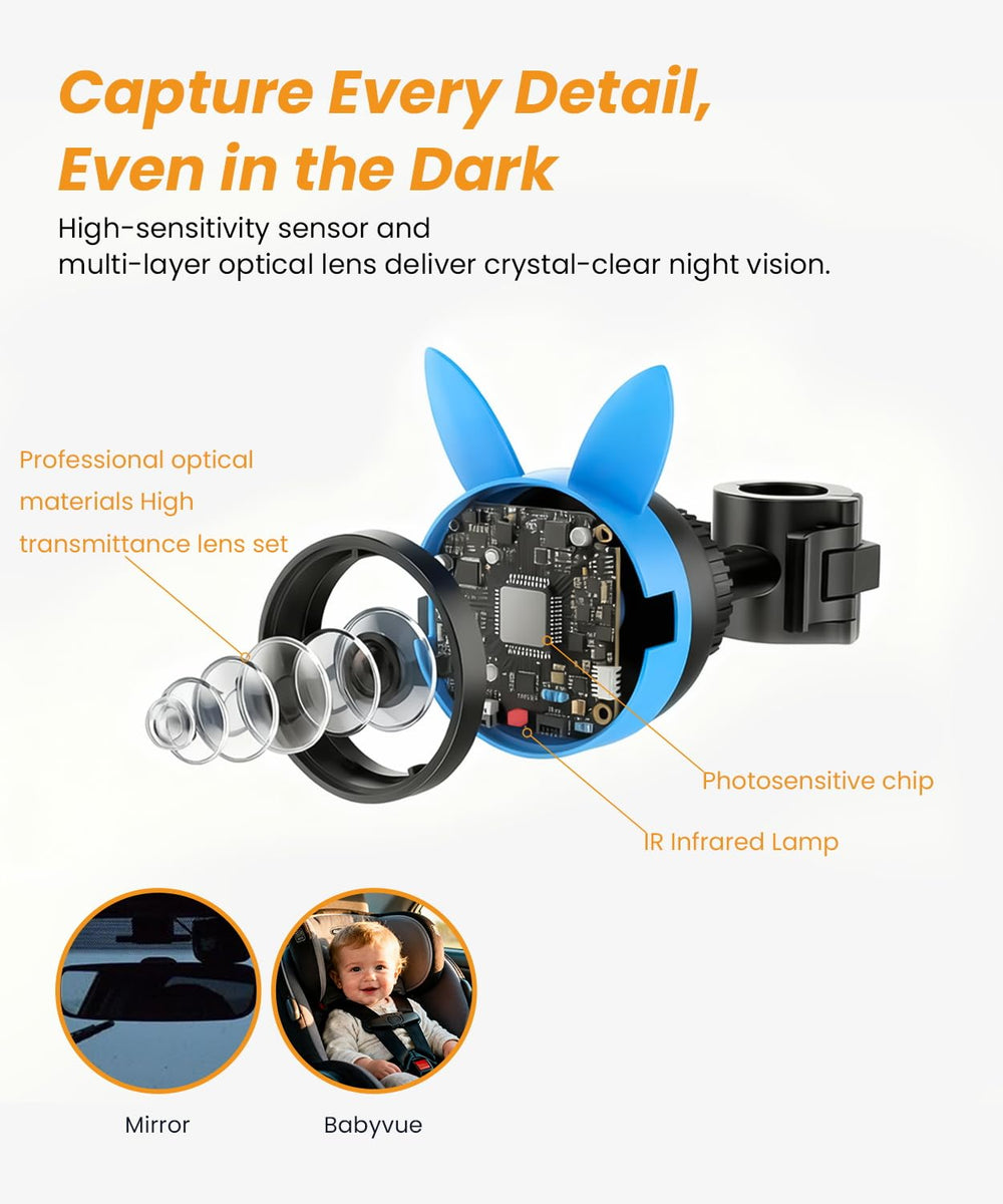Babyvue BV2 system offers 360° adjustable camera to reduce blind spots.
