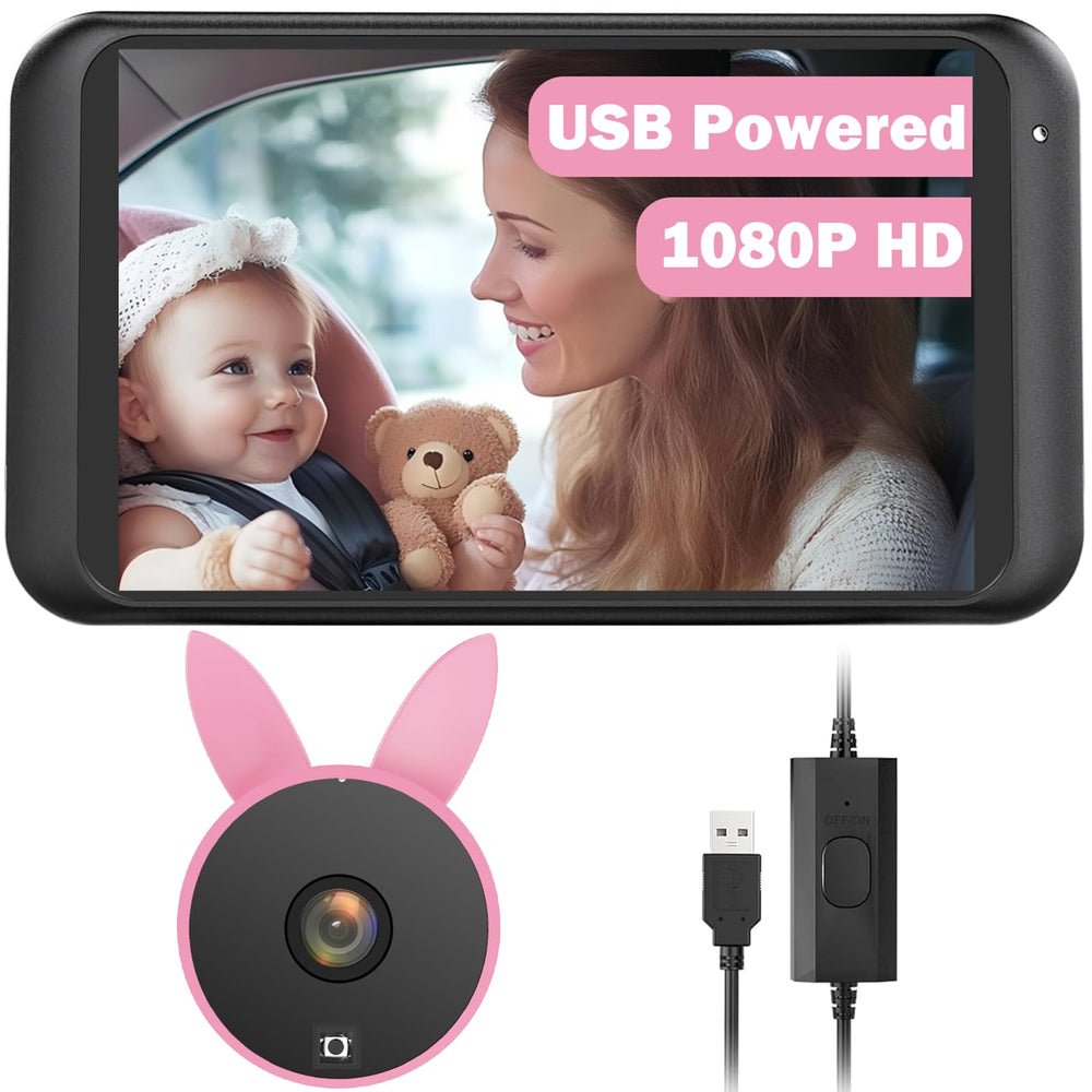 Babyvue BV2 front view camera on car headrest for real-time infant monitoring on the go