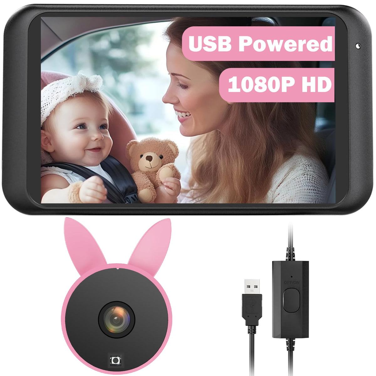 Babyvue BV2 front view camera on car headrest for real-time infant monitoring on the go
