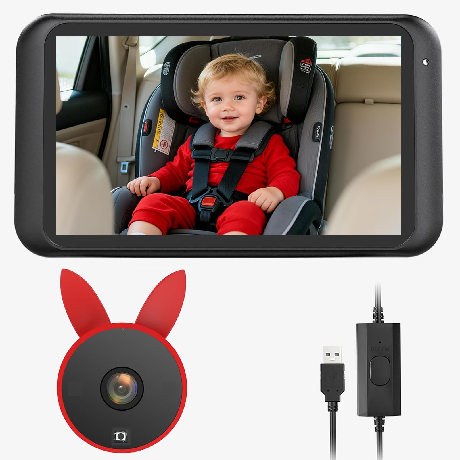 Babyvue BV2 USB baby car camera installation on the headrest for quick setup.