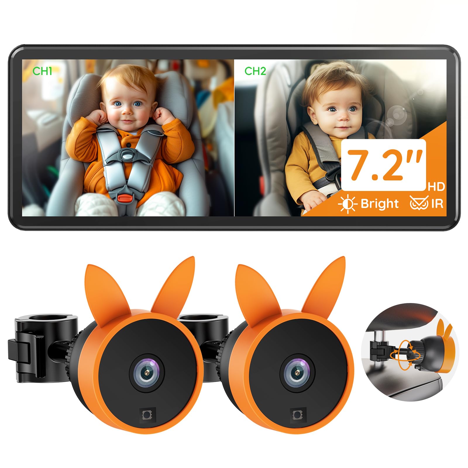 Babyvue BV3 Pro dual-camera split-screen view shows two kids clearly for safer in-car monitoring.