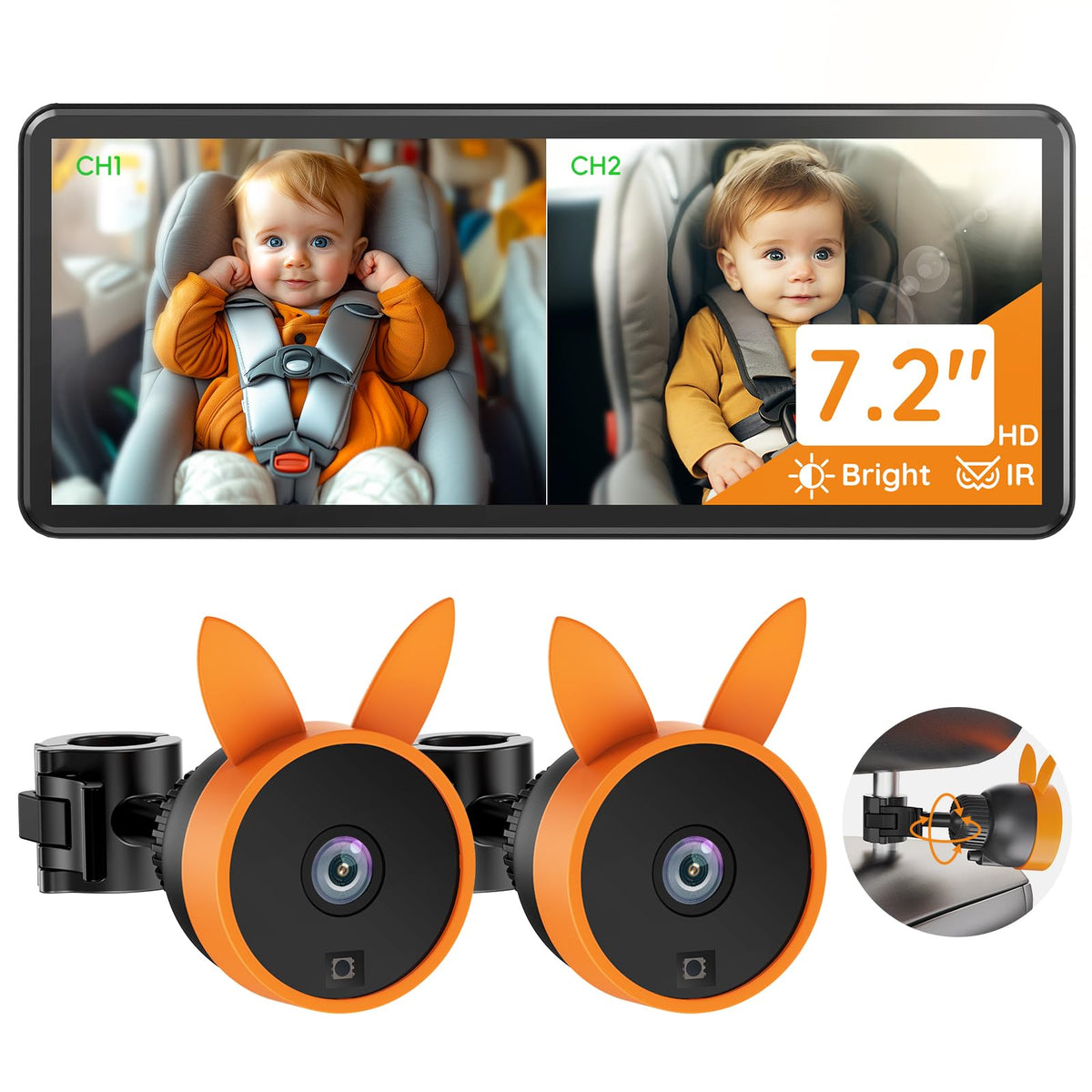 Babyvue BV3 Pro dual-camera split-screen view shows two kids clearly for safer in-car monitoring.