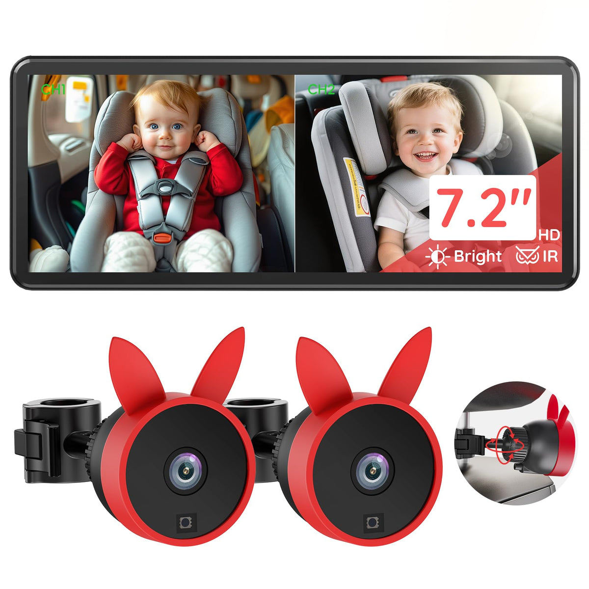 Babyvue BV3 PRO dual camera view protects two kids on car trips.