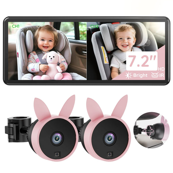Babyvue BV3PRO dual-camera with split-screen view monitors two kids in the back seat.