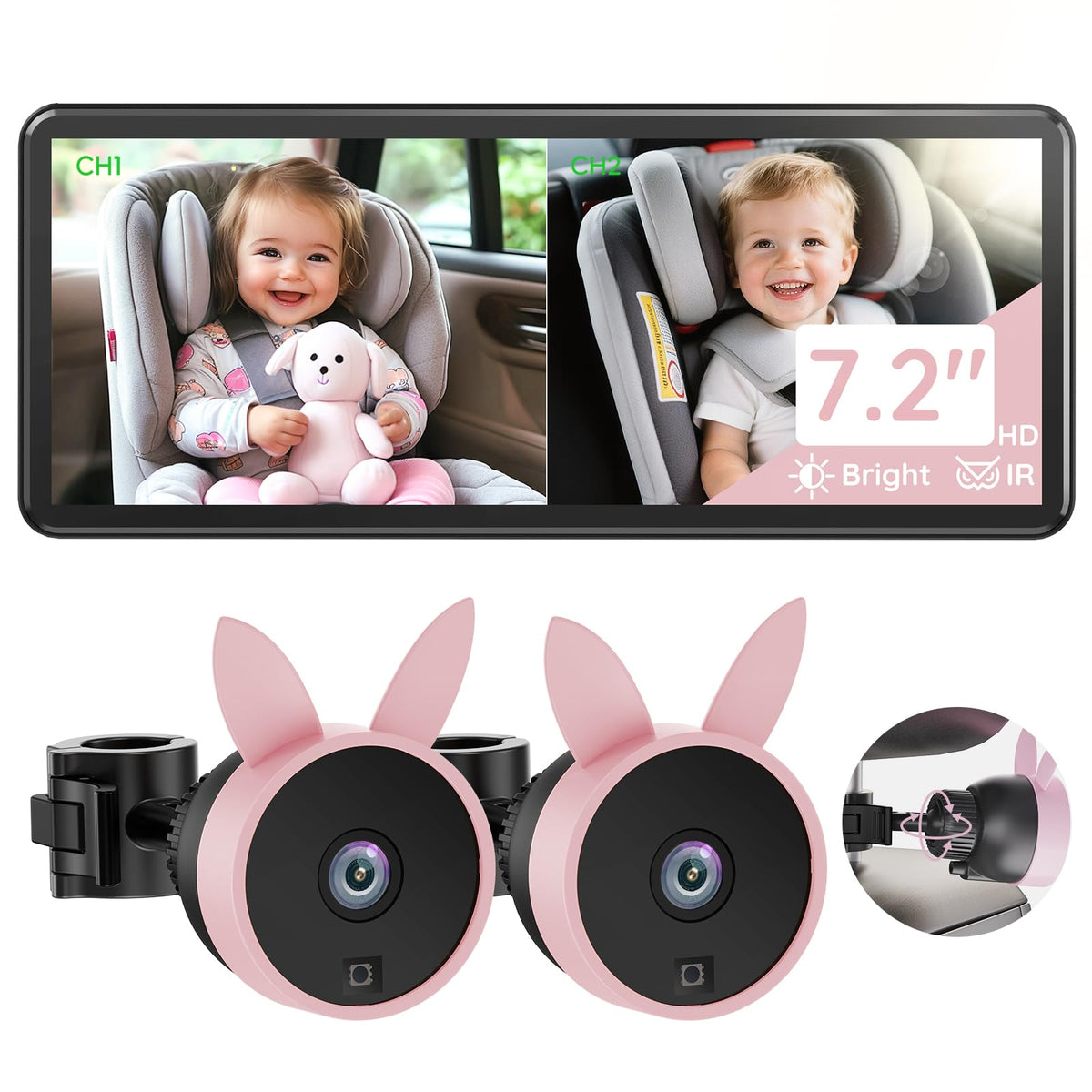 Babyvue BV3PRO dual-camera with split-screen view monitors two kids in the back seat.