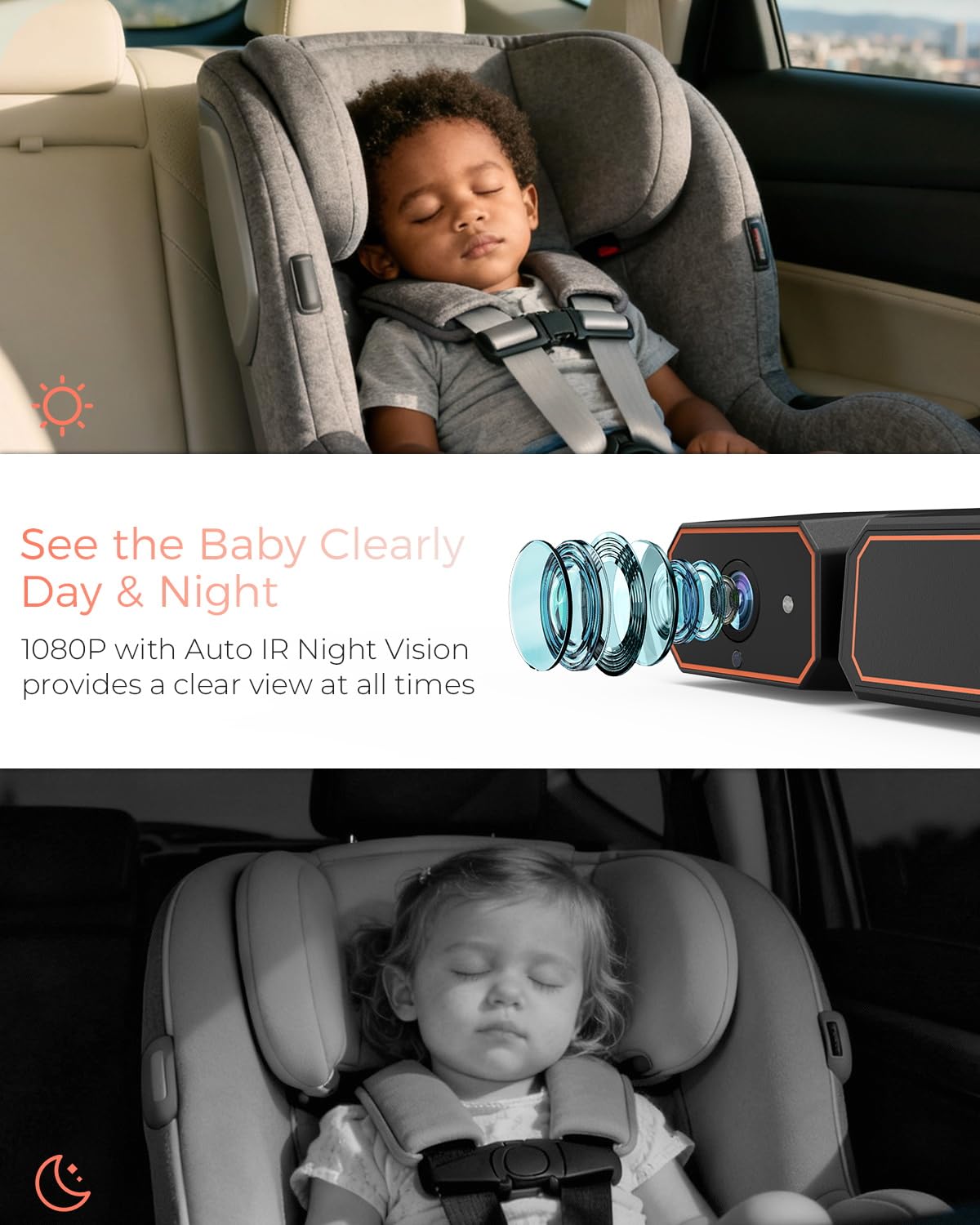 Babyvue BV6 infrared night vision activates in low light for clear movement tracking.