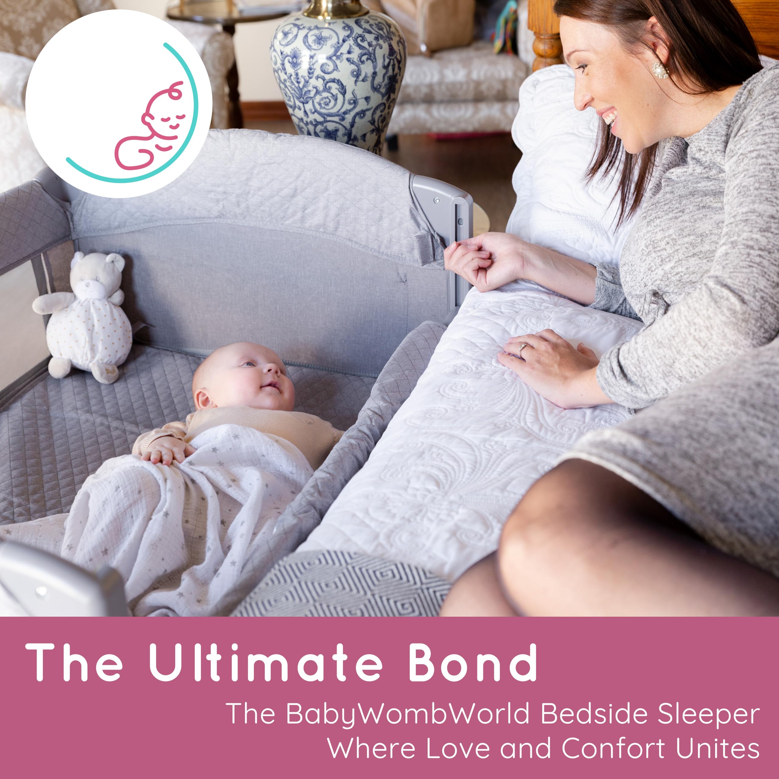 BabyWombWorld bassinet storage compartments keep diapers and toys within reach.